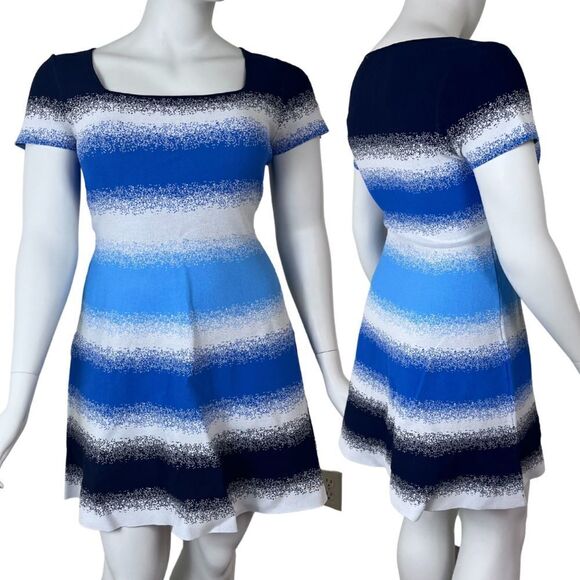Milly Women Size L Blue Stripe Fit & Flare Pullover Mini NEW Skater Dress Preppy - Picture 1 of 14